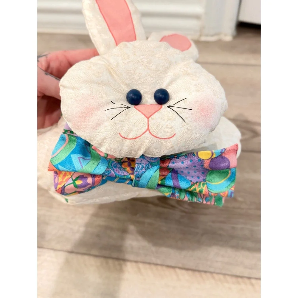 Vintage Plush Easter Bunny Basket Quilted Fabric Cream Multi Color Bow Tie